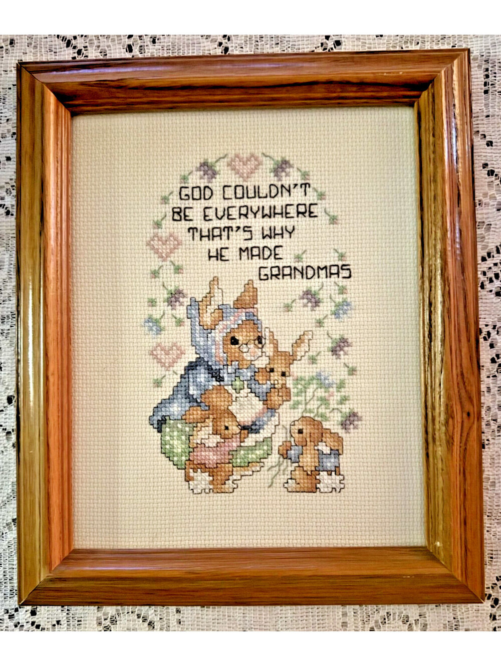 Framed Cross-Stitch 'God Couldn't Be Everywhere That's Why He Made Grandmas'